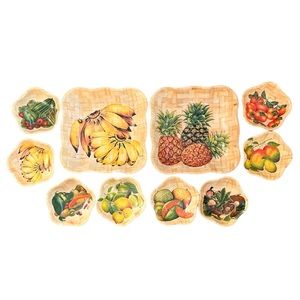 Vintage Bamboo Serving Set Salad Bowls 10pcs Fruits Vegetables Weaved Woven